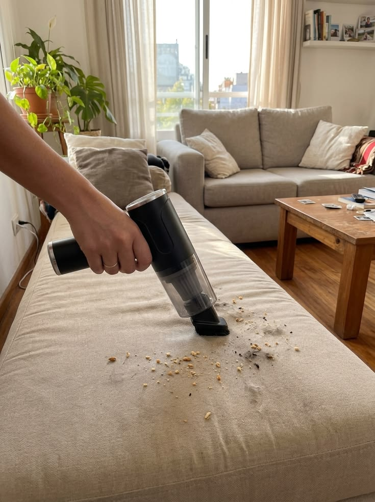 Aspirador portátil limpando migalhas do sofá